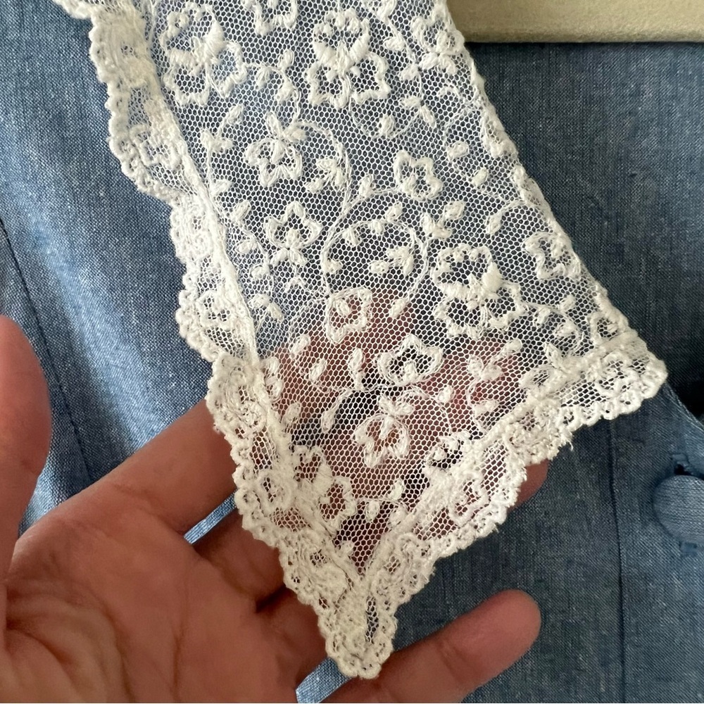 Vintage Laura Ashley Chambray Prairie Dress Lace Peter Pan Collar Blue Size 10 - Picture 6 of 16